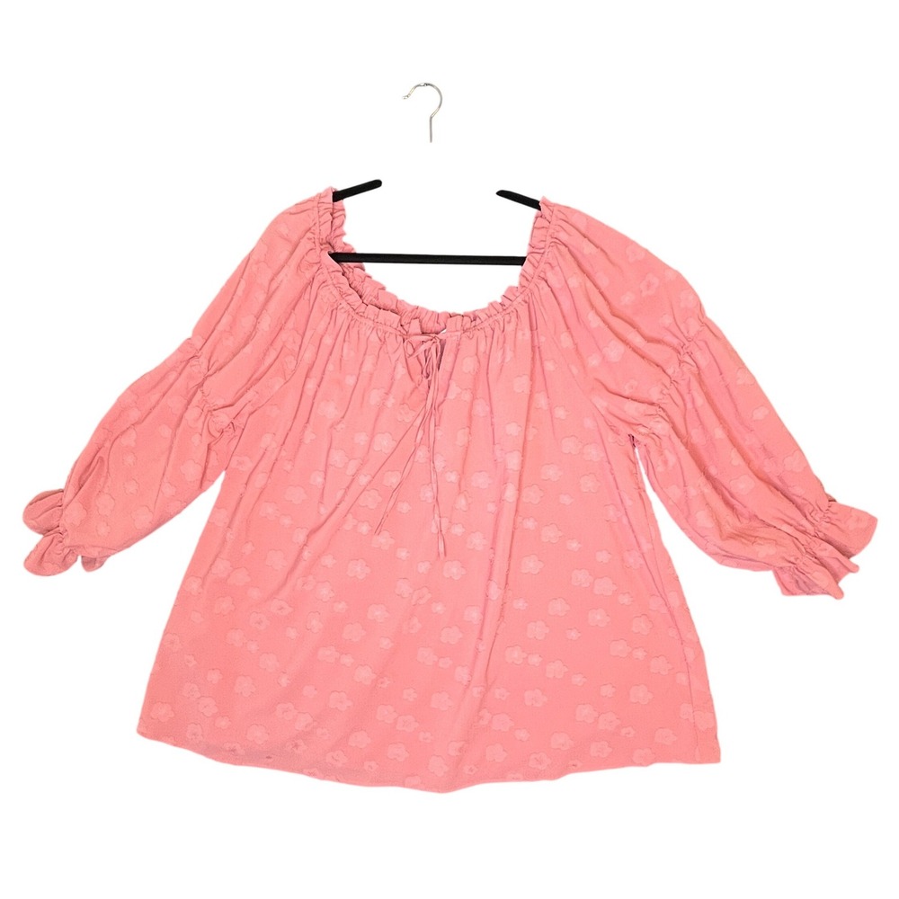 Cato Floral Jacquard Peasant Top 22/24W Pink Off Shoulder Ruffle Balloon Sleeve